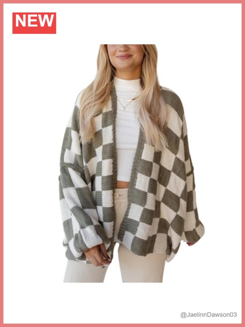 Oversized Checkered Open Front Cardigan Long Sleeve Knit Sweater